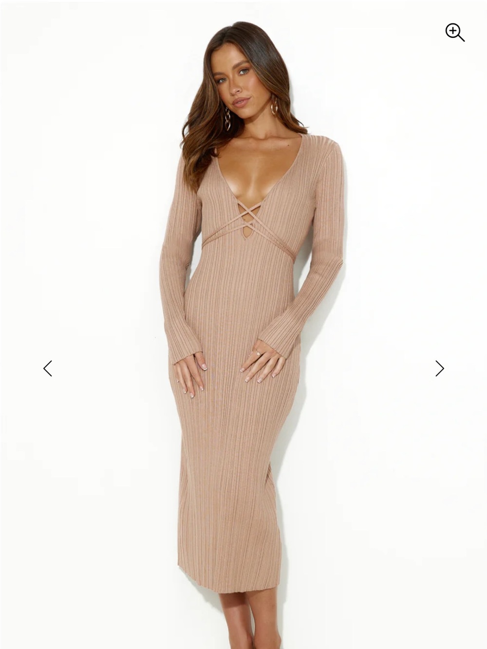 NWT! Hello Molly!  Ribbed Crisscross Deep V Long Sleeve Midi Dress - Nude